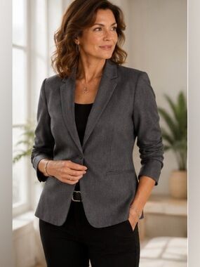Calvin Klein Gray One Button Career Blazer Jacket Size 6 Stretch Office Business